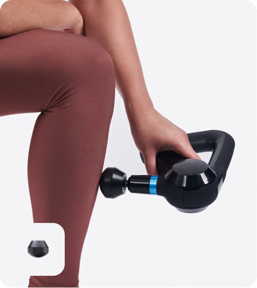 Woman using Theragun PRO device with Dampener attachment